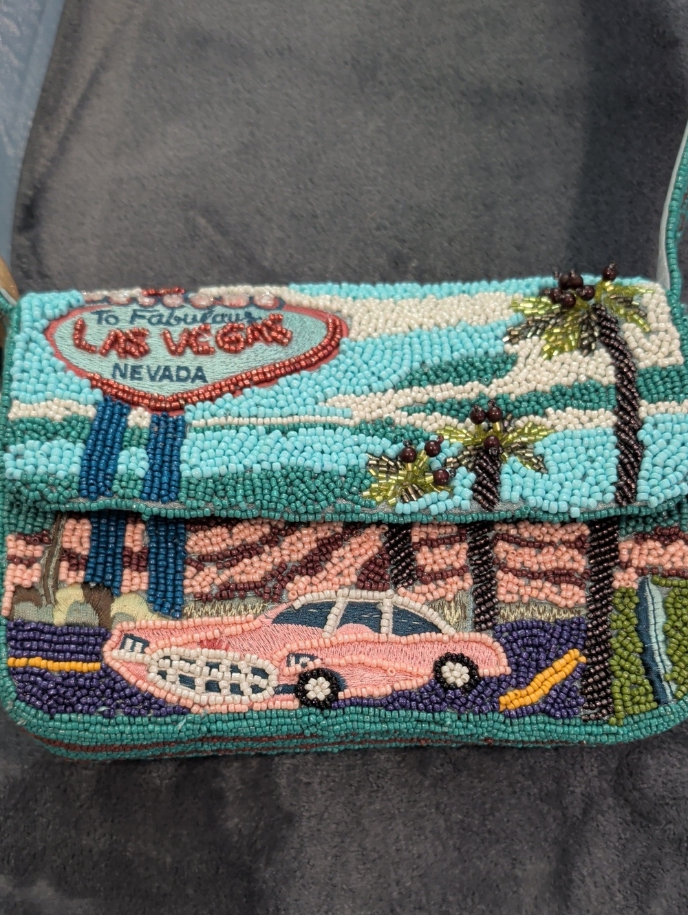 Beaded Las Vegas Scene Shoulder Bag in Turquoise and Pink